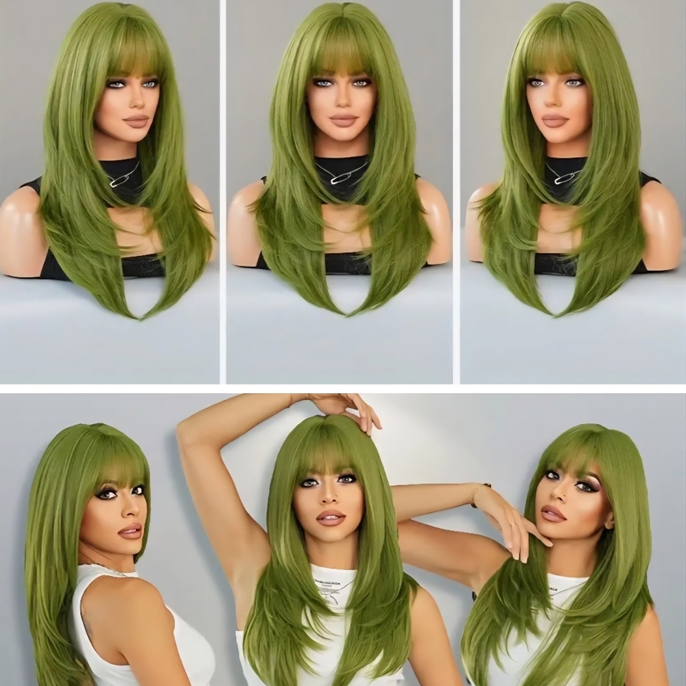 Costume Wig Synthetic Hair With Bangs.  Vanilla Green. 24" Long.  NWTS